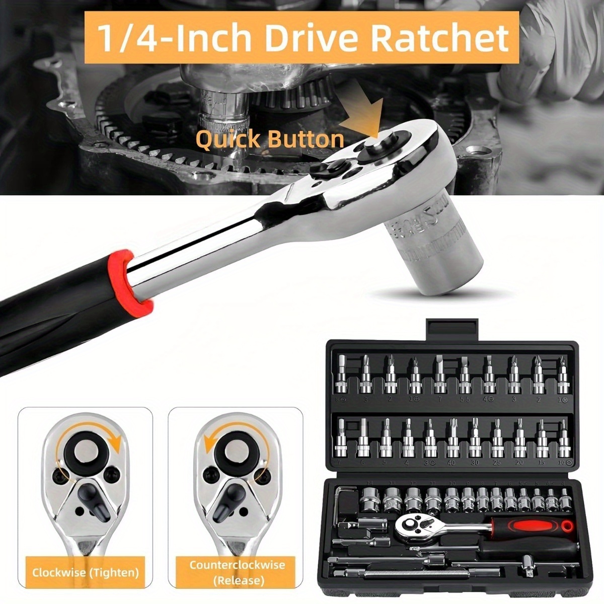 Une boîte à outils complète noire multi-usages pour la réparation automobile avec une boîte de rangement en plastique, un ensemble d'outils de réparation de vélo d'urgence pour les sorties, comprenant des clés hexagonales, des douilles de 1/2*1/4