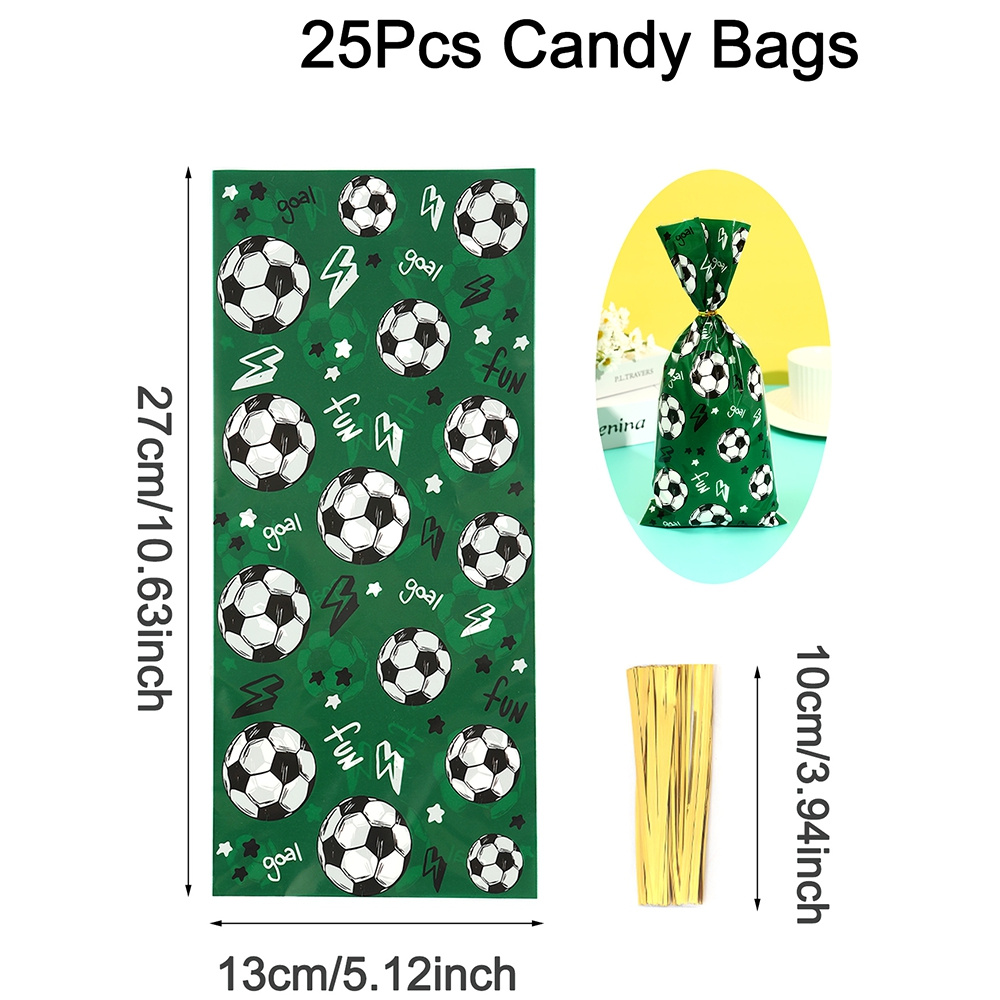 25pcs Soccer Design Gift Bags With Golden Twist Tie, Green Soccer Football Theme Party Favor Bags Plastic Candy Bags For Sports Events & Birthday Decorations Supplies
