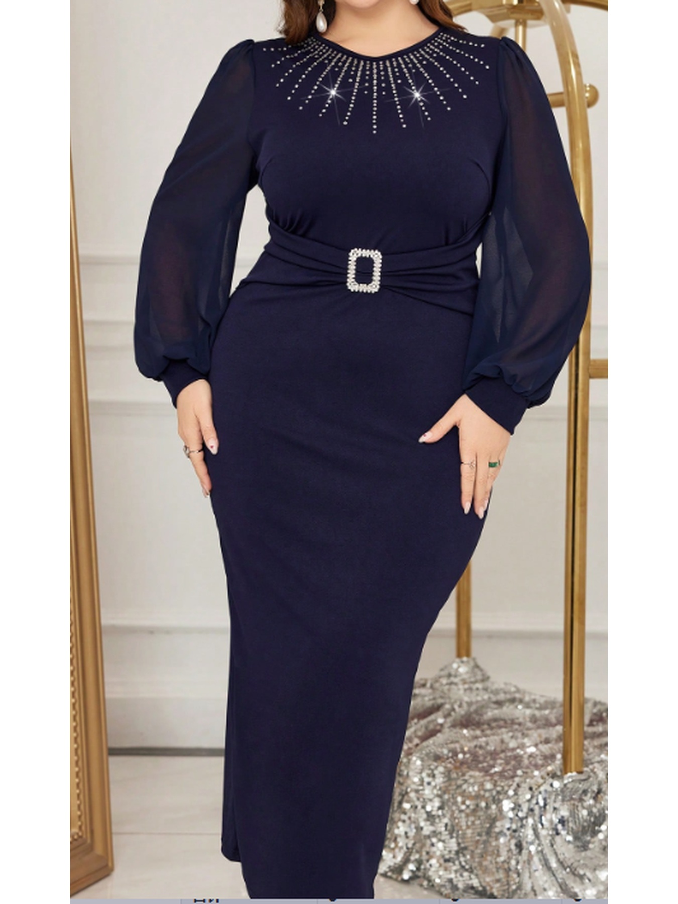Navy Blue Plus Size Elegant Evening Gown – Square Neck, Floor-Length A-Line Dress with Long Sleeves
