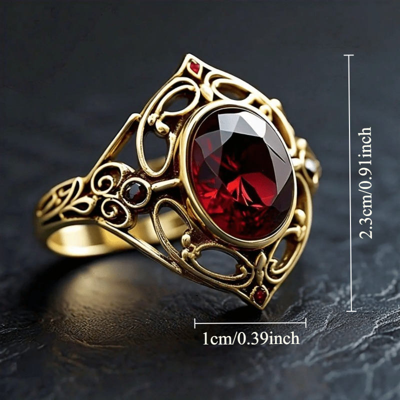 Women's Retro Gothic Inlay Red Zirconia Floral Ring, Statement Piece
