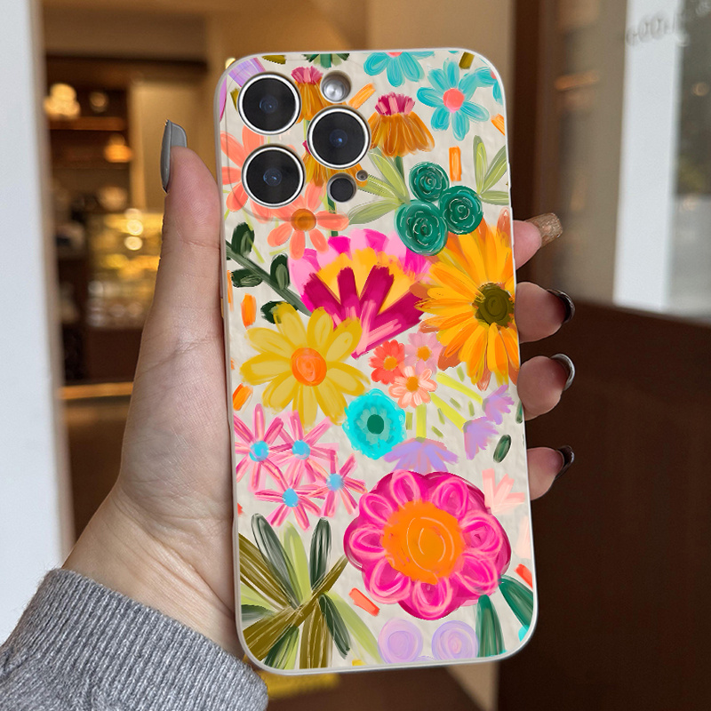 Dopamine Flowers Pattern Case for iPhone 16 15 14 Pro Max 13 12 11 XR XS Plus Liquid Silicone Full Body Protective Cover with Microfiber Lining Gifts for women girls