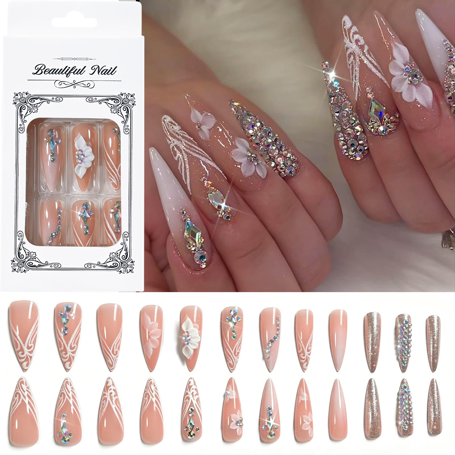 TEMU 24pcs Nude White Gradient Press On Nails, Long Stiletto Shape, Press On Nails With 3d Flower And Rhinestone, Reusable Full Cover Press On Nails