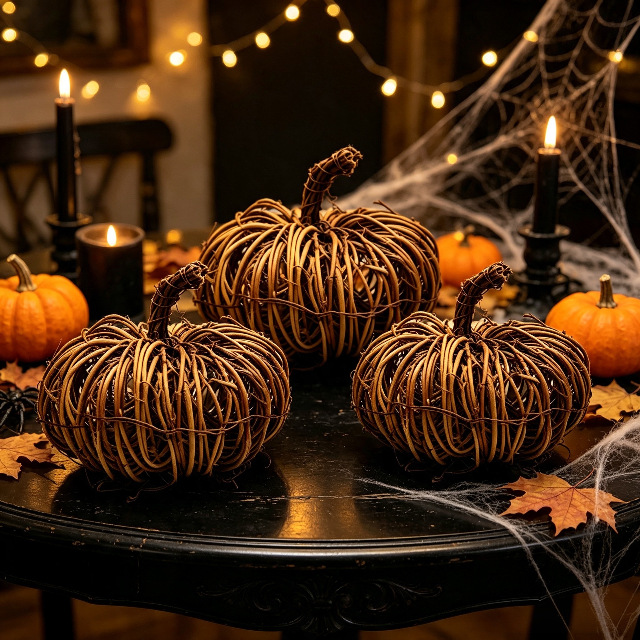 TEMU 3pcs Pumpkin Decorations, Woven Rattan Pumpkins, Rustic Fall Tabletop Centerpieces, Perfect For Thanksgiving And Halloween Parties, Home