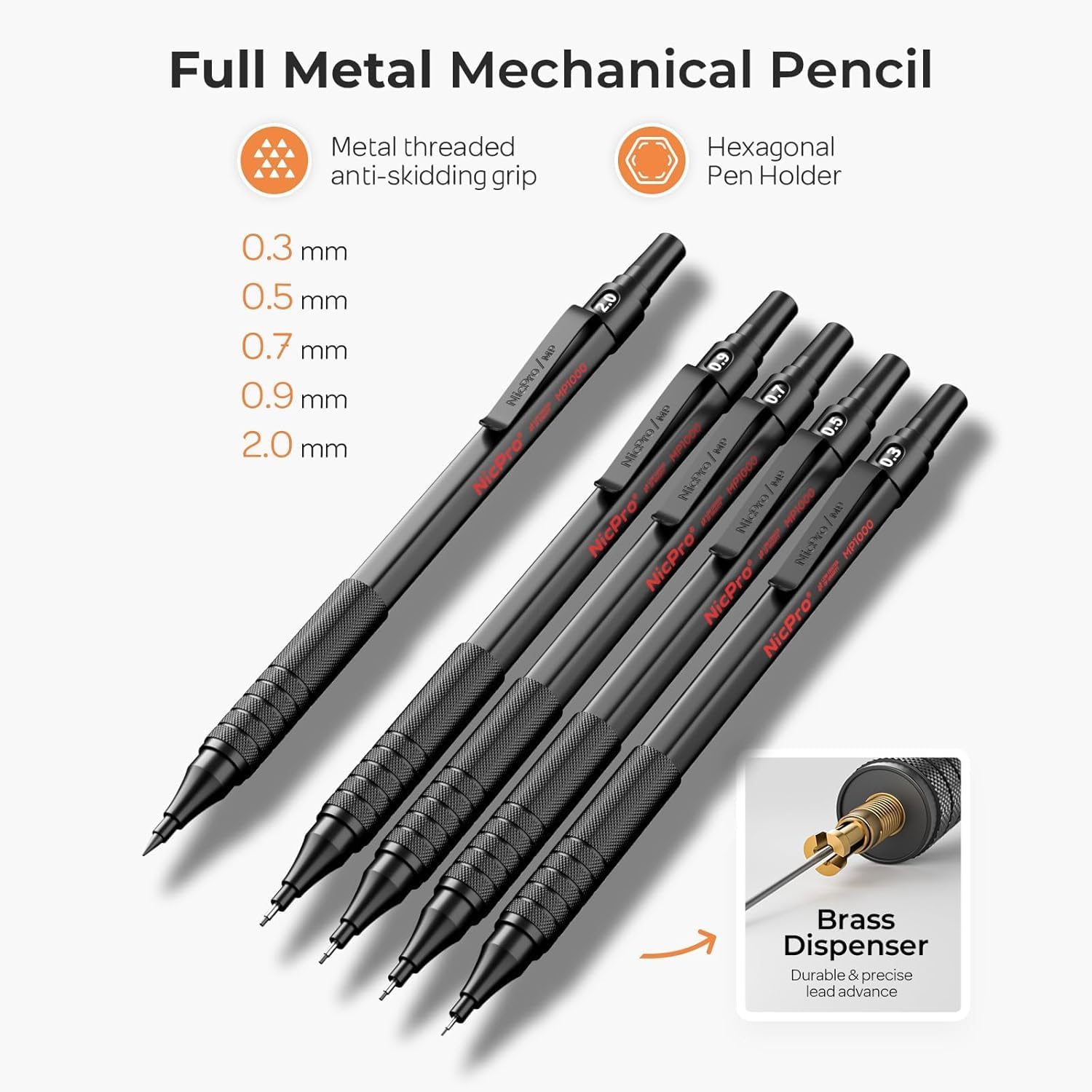 Black Metal Mechanical Pencil Set with Lead Holders & Refills