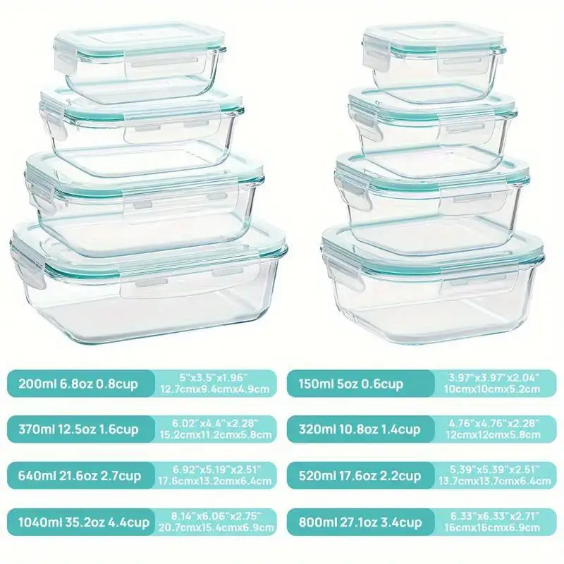 16pcs glass food storage containers with lids - heavy-duty thermal insulated stackable airtight leakproof lunch boxes, microwave, oven, freezer & dishwasher safe - clear glass meal prep containers with black lids for , vegetables, meat, salads, fridge & pantry organization - space-saving rectangular & square sizes (35.1oz, 21.6oz, 12.5oz, 6.8oz, 27.1oz, 17.6oz, 10.8oz, 5oz) - ideal for home, office, gym, camping, modern kitchenware, microwavesafe dishes, Product details 2