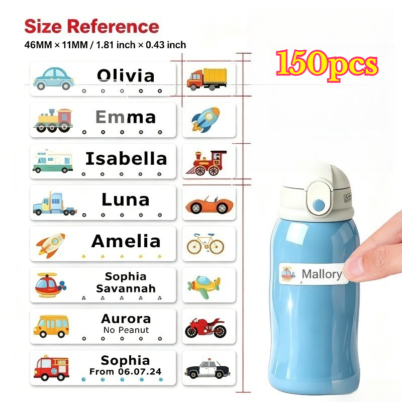 TEMU 150-600pcs 4.6 X 1.1cm Long Multi-character Personalized Name Tags Cartoon Car Vehicle Custom Stickers, Suitable For Bottles Backpacks School