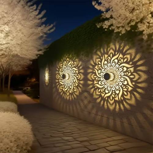 solar fence lights outdoor projection wall lights outdoor wall lights with warm color mandala lotus theme solar lights suitable for and stair lighting courtyard backyard and front door decoration