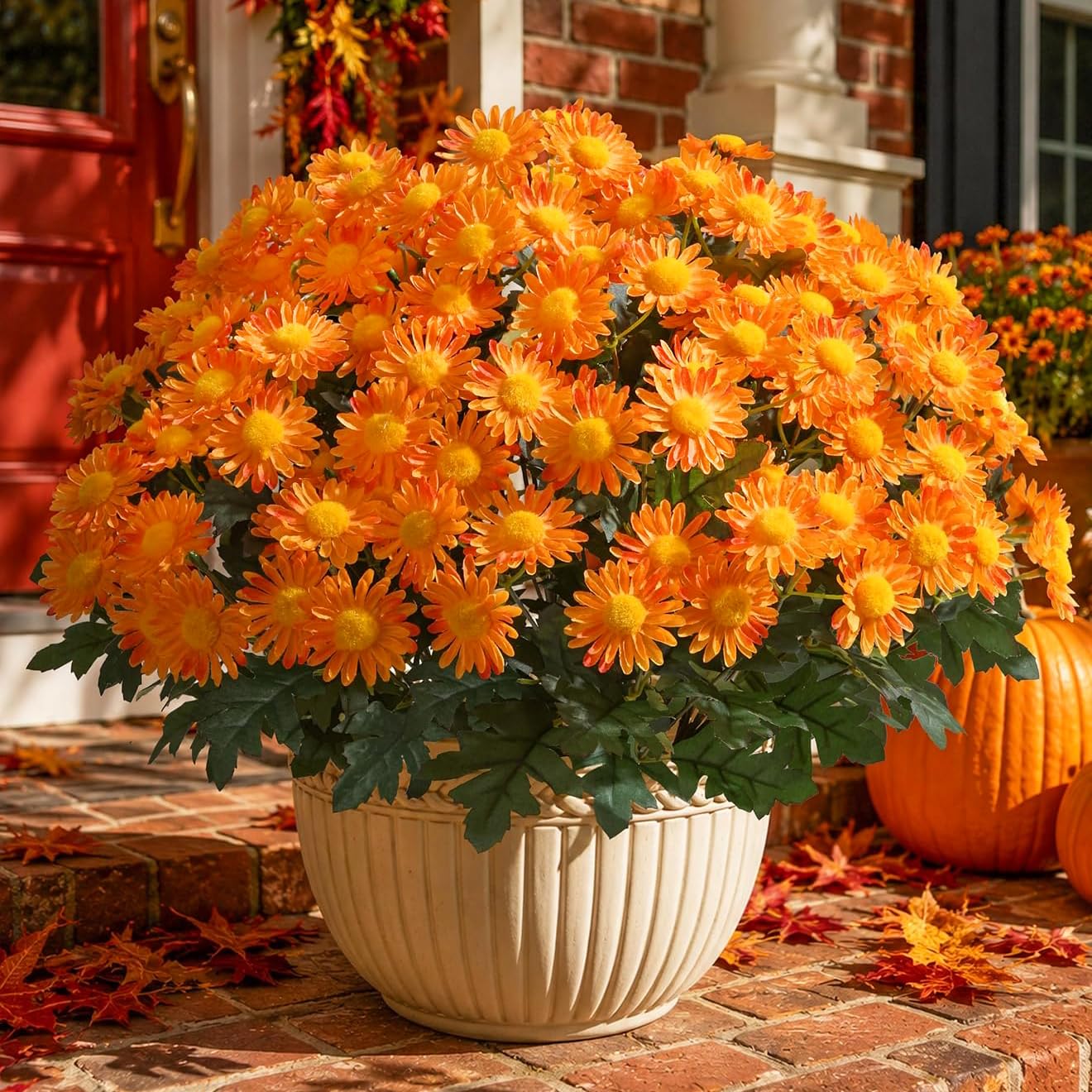 TEMU Artificial Fall Fake Mums Flowers Plants For Outdoor Decoration, 6pcs Faux Orange Daisy Uv Resistant No Fade Realistic For Planter Pot Outside
