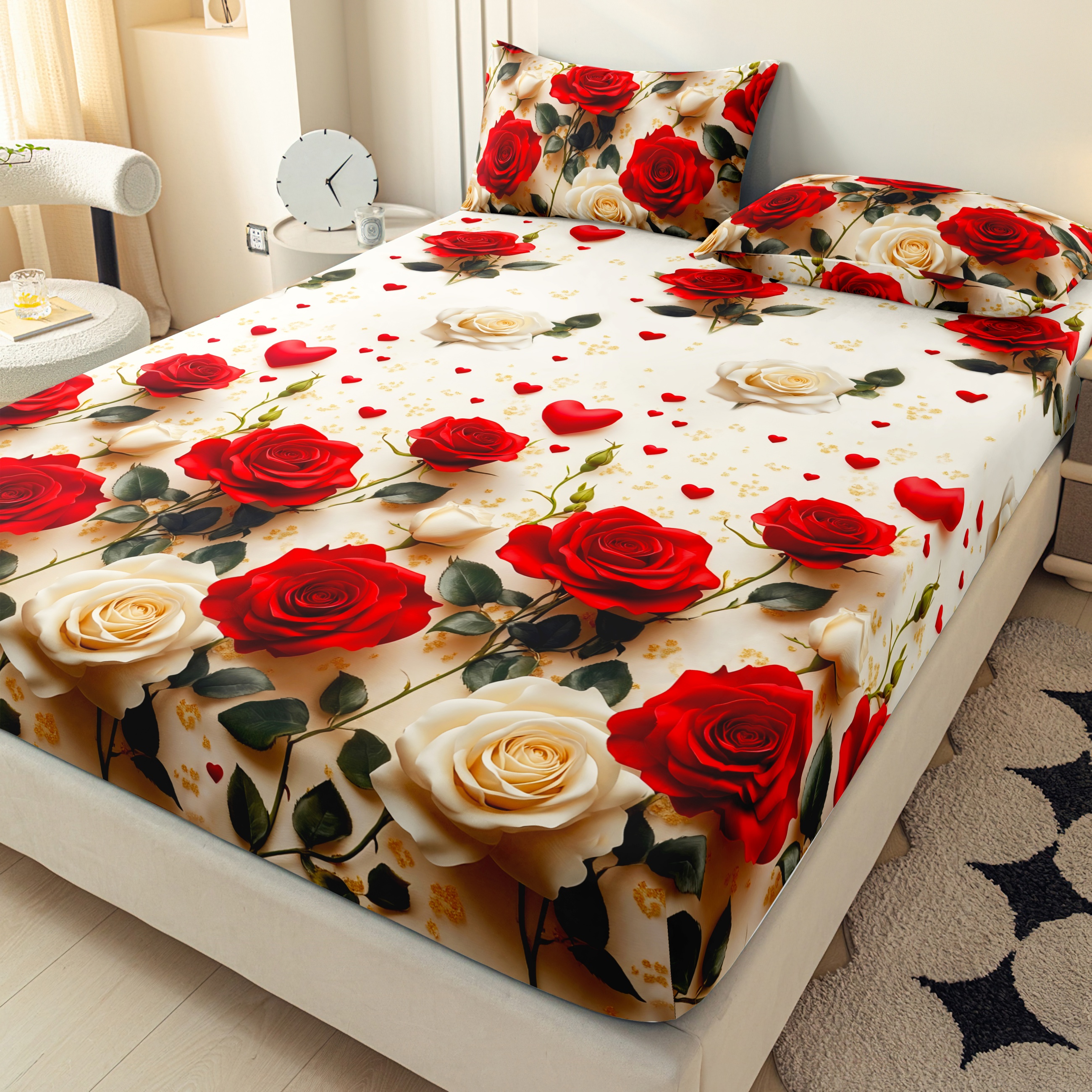E-shop 3-teiliges rotes, weißes, goldenes Rosenherz Spannbettlaken 3-teiliges Set (Spannbettlaken 1, Kissenbezüge 2, Füllung nicht enthalten),