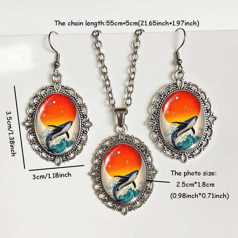 3pcs Fashion Blue Whale Under Sunset Earrings Necklace Set