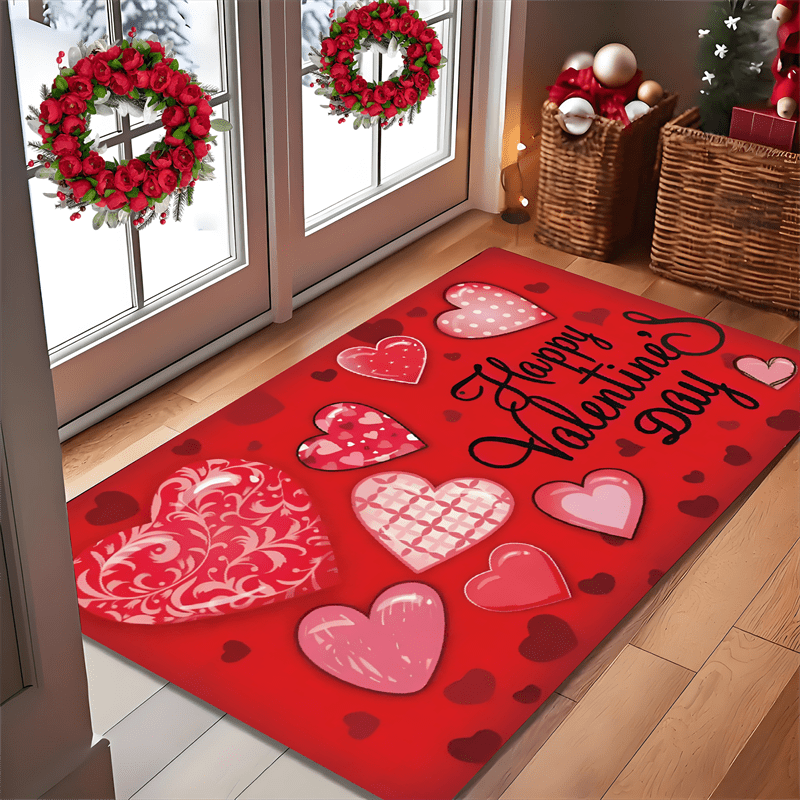 

Valentine's Day Welcome Doormat, Non-slip Polyester Flannel, Machine Washable, Stain & Water Resistant, Low Pile, Machine Made, With Ideal For Home Entrance & Bathroom, For Valentine's Day Gift