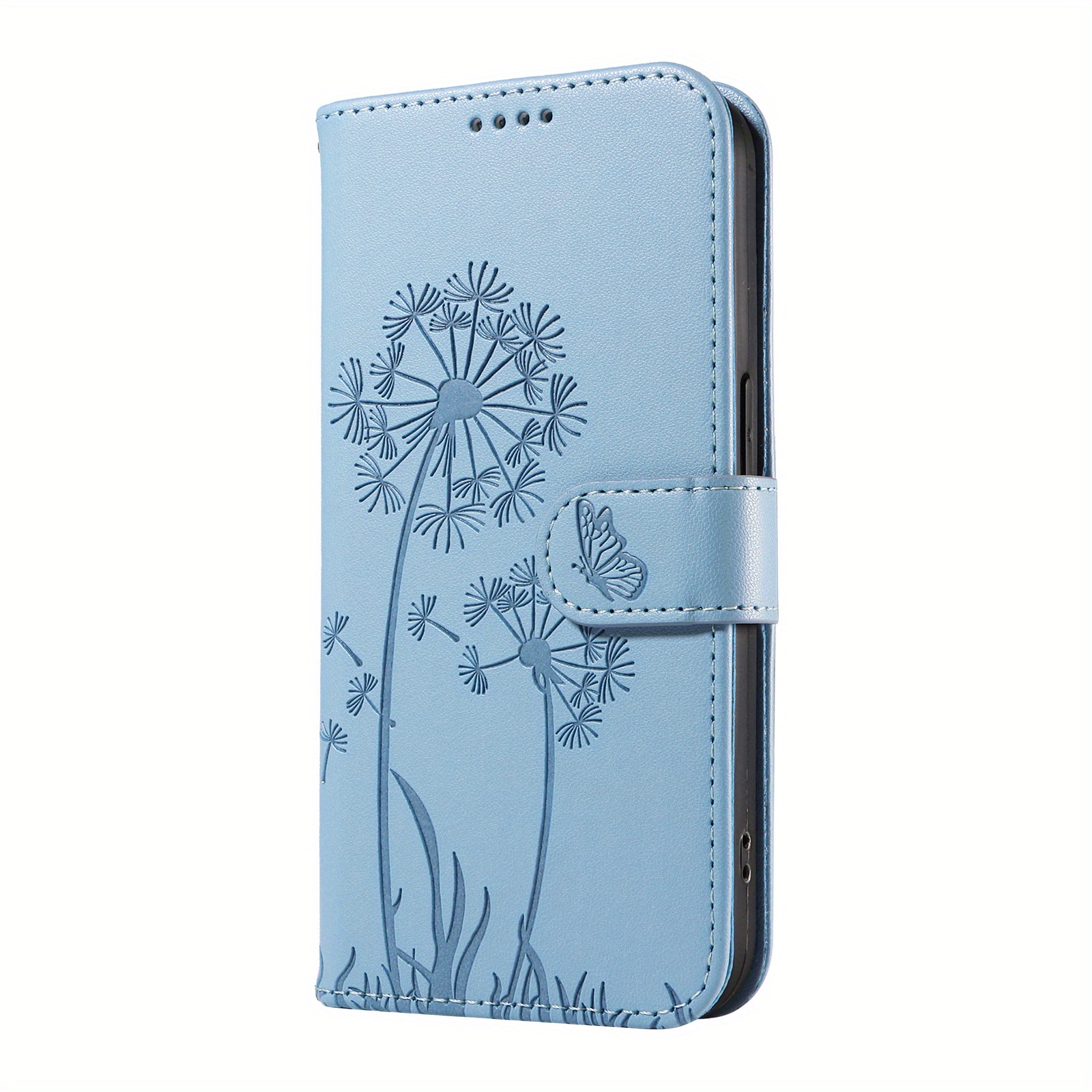 TEMU Sky Blue Embossed Dandelion Stylish Multi-card Phone Case Compatible With Iphone 16e/15/14/13/12/ Pro X/xsmax Xr 7/8/se2/se3 7plus/8plus