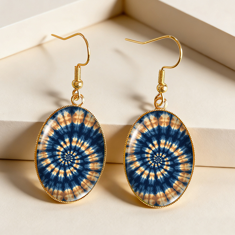 TEMU Un ensemble de boucles d'oreilles pendantes ovales dorées avec une œuvre d'art Vortex et un design de en verre, parfait pour les bijoux de mode,