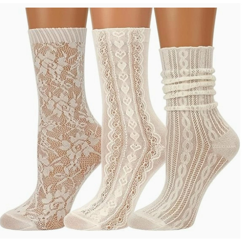 TEMU Lot de 3 paires de chaussettes à ajourée, chaussettes empilées respirantes pour femme, et chaussettes fines à dentelle à volants et cœurs pour