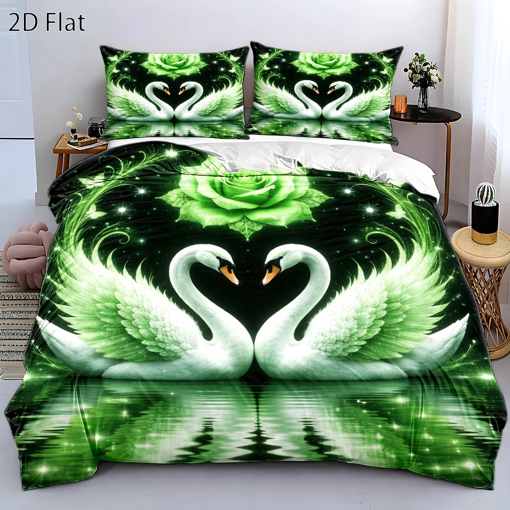 TEMU Green Light Swan Rose Duvet Cover Set, 3pcs Bedding (1*duvet Cover   2*pillowcases), Suitable For , Machine Washable, Invisible Zipper Design,