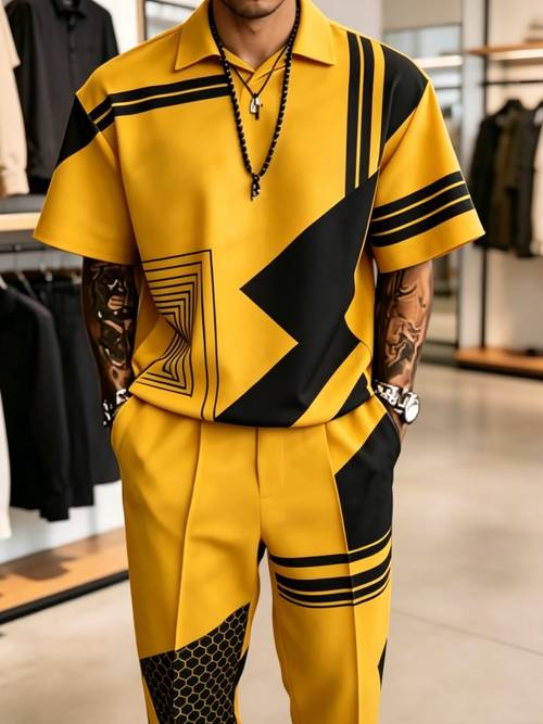 mens 2pcs shirt and sports suit breathable and quick drying two piece set with short sleeves and long pants set plus size