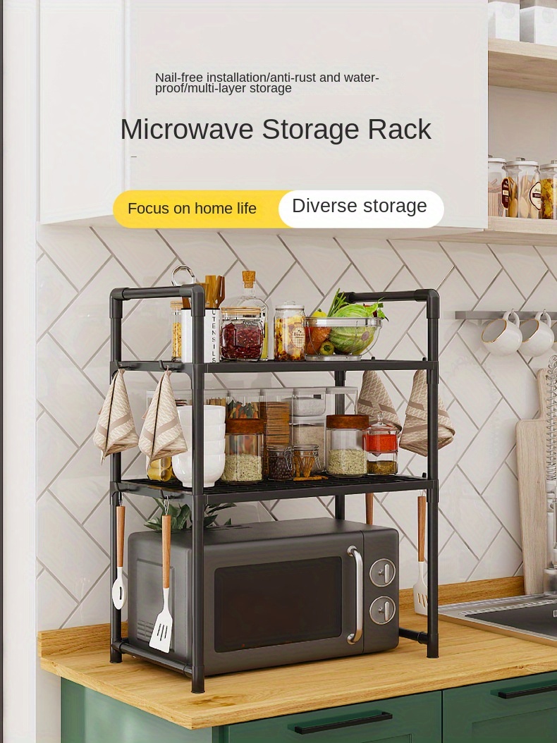 1  functional expandable microwave stand heavy duty 3 tier adjustable   with 8 hooks space saving kitchen organizer for   room types no electricity needed tiered shelf storage solution black details 0