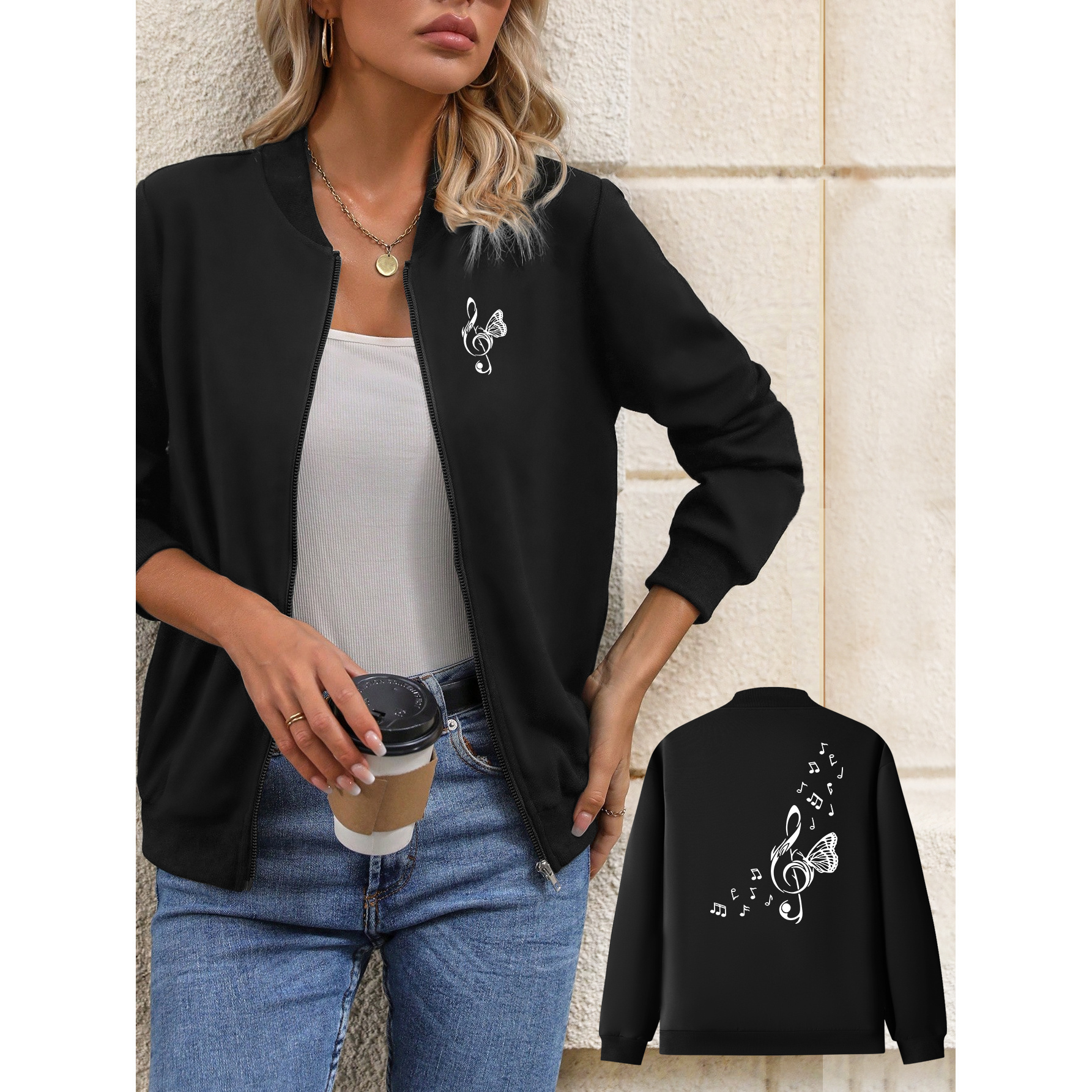 

1pc Women's Casual Polyester Jacket With Music Note Print, Baseball Collar, Long Sleeve, Zippered Stand Collar Outerwear For All