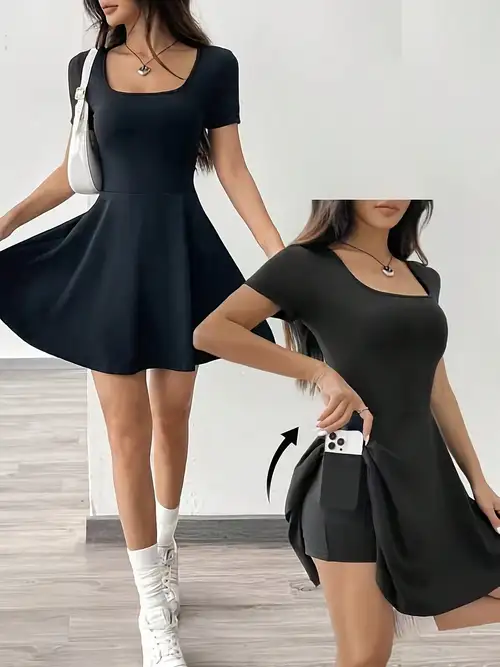 short sleeve dress with shorts underneath asdoklhq Church Dresses for Women Pastel with Shorts Underneath Plaid Print V-neck Mini Short-sleeved A-line Casual Summer Yellow M