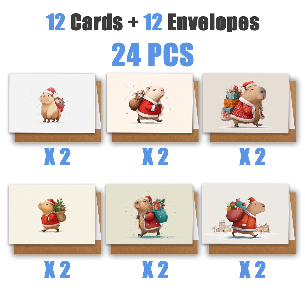 TEMU 1 Set/12pcs/24pcs Christmas With Capybara Gift Card | Includes Envelope, Greeting Card | Birthdays, Celebrations, Thank You Notes, Holiday