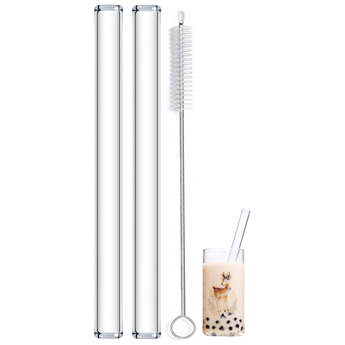 TEMU 2 Glass Boba Straws And 1 Cleaning Brush Set, 12mm X 8 Inch Reusable Jumbo Clear Bubble Tea Straws For Smoothie, Popping Pearls, Shakes, Pack 2