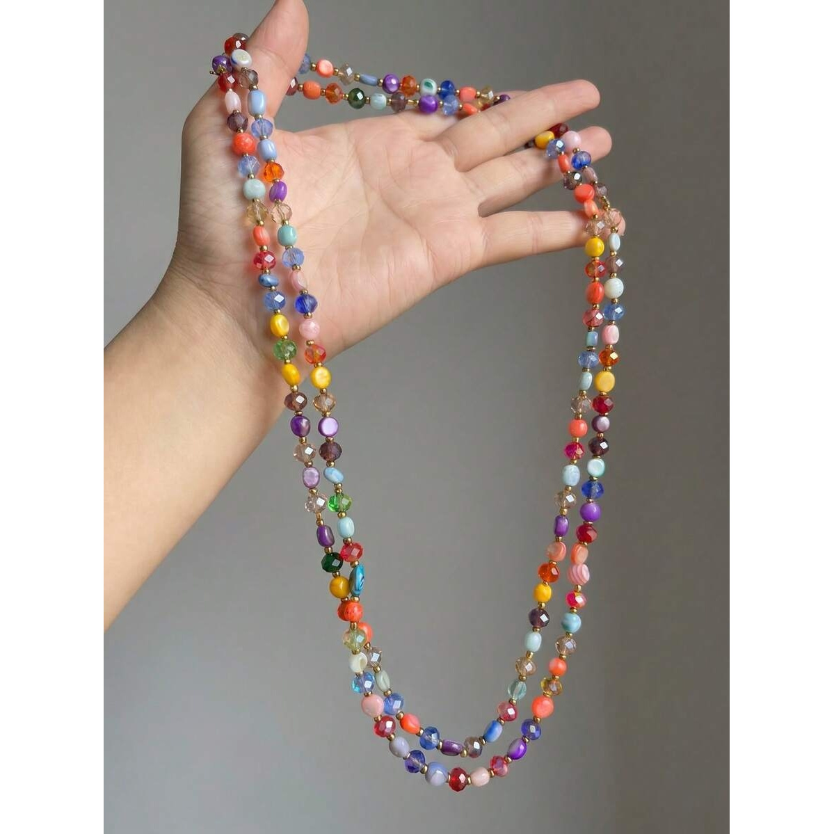 TEMU 1pc Women's Retro Necklace, Bohemian Style Colorful Shell Beaded Double-layer Necklace, Holiday Long Necklace Sweater Chain, Stackable, Suitable