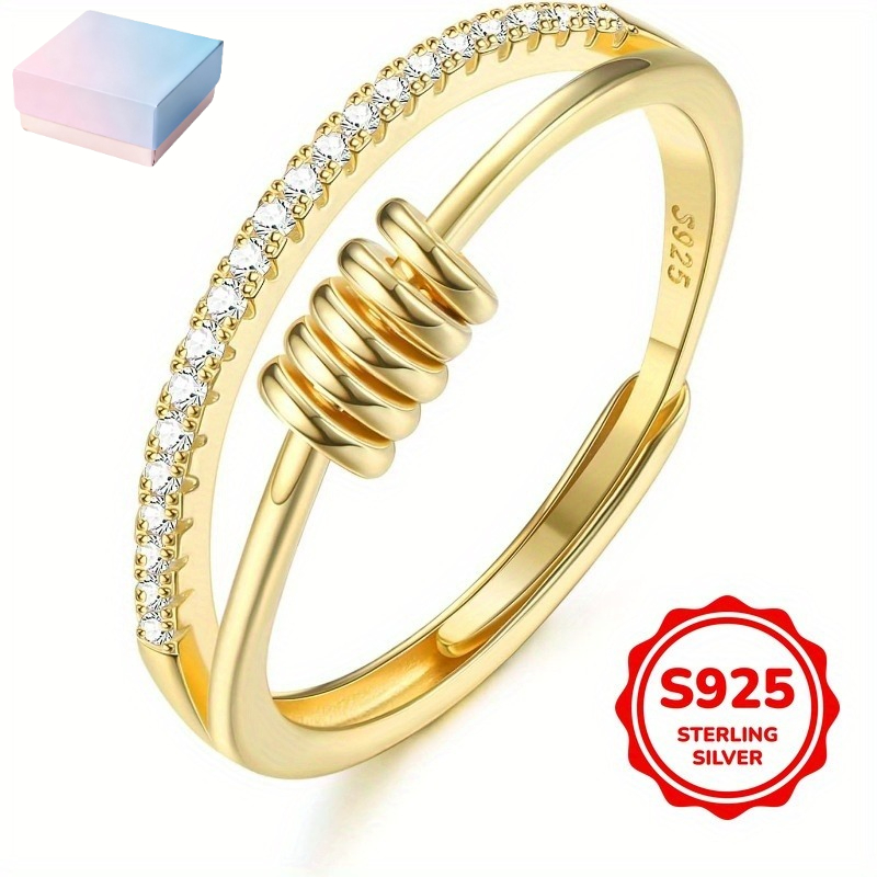 Image of 1pc 925 Sterling Silvery Ring Designed For Women And Men, Featuring A Fidget Spinner Band. This Adjustable Stacking Thumb Ring Serves As Fidget Jewelry And Makes A Gift In Golden Or Silvery