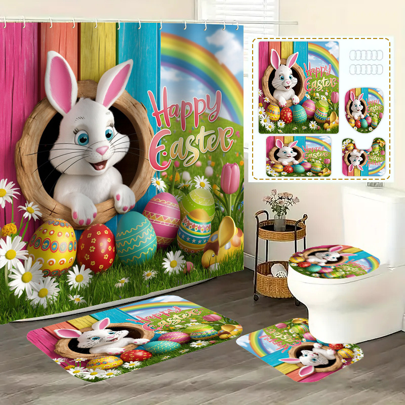 

1pc/4pcs Easter Bunny Polyester Fabric Bathroom Decor Set, Waterproof, Fashionable Easter Theme, Washable, With Non-slip Rug, Toilet Seat Cover, And 12 Hooks For Bathroom Accessories