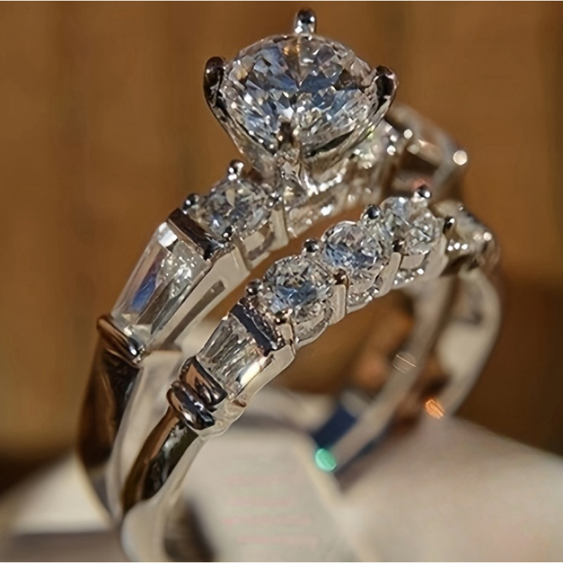 TEMU Set Of 2 Women's Engagement Wedding Rings, 4.4g Silvery Inlaid With Cubic Synthetic Zirconia, Luxurious Round Gemstone, Suitable For Daily Wear