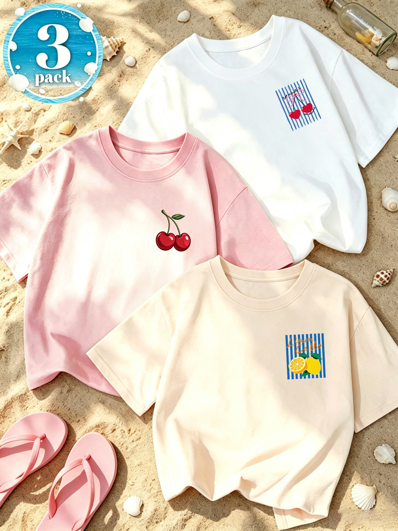 3-Pack Women's Casual T-Shirts with Striped Cherry, Lemon & Heart Prints