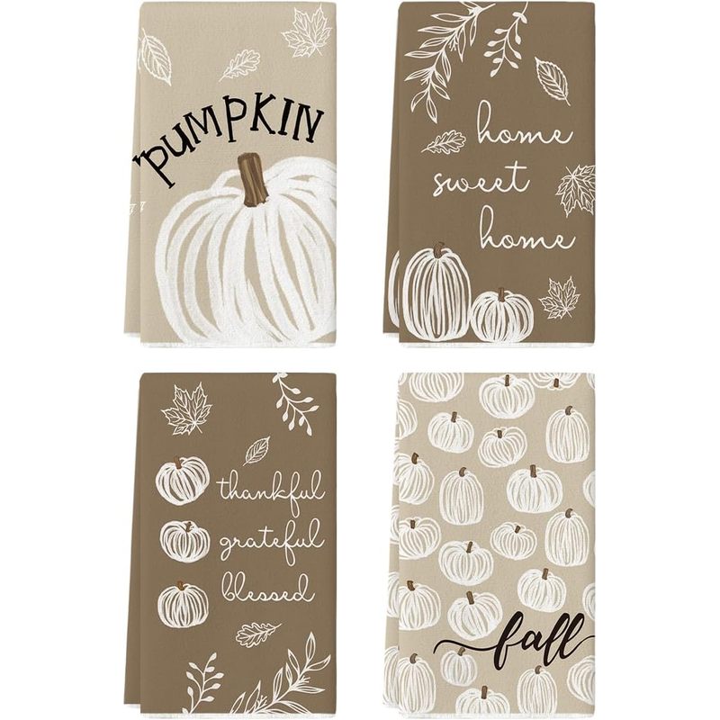 TEMU 4pcs, Neutral Beige Sketch Leaf Kitchen Towels Washable Reusable Home Cleaning Cloths, Thanksgiving Decor Dish Towels, Thanksgiving Day Gift
