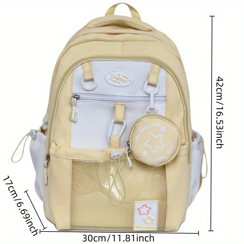stylish nylon backpack with cute bunny charms lightweight design adjustable straps front mesh pocket happy little blue yellow black school or casual use everyday bag stylish backpack backpack for travel details 4