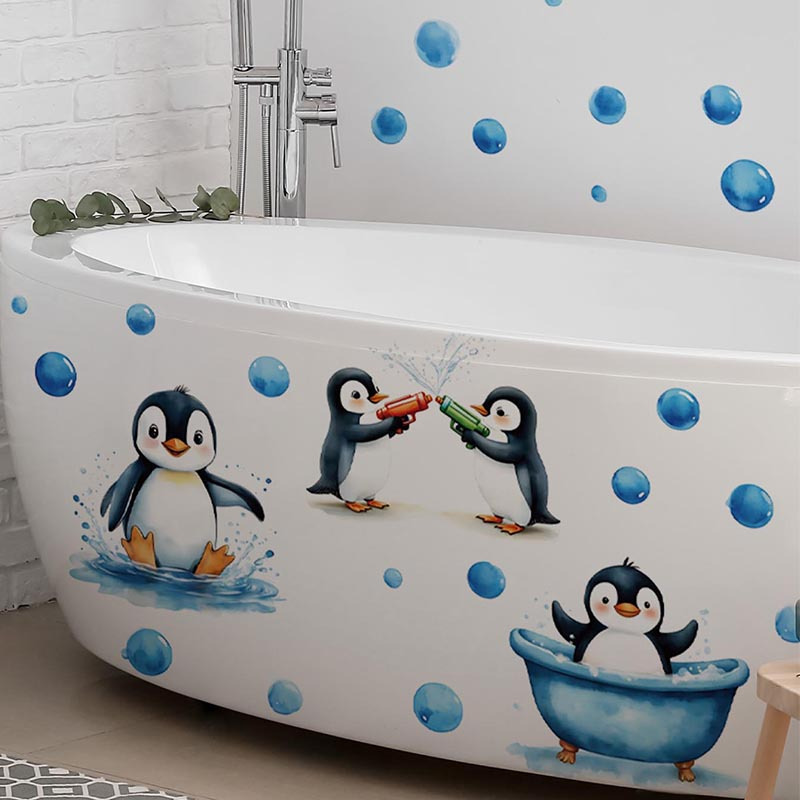 Bathing Penguin Bubble Bath Bathtub Sticker | Decorating Living Room, Dining Room, Bathroom, Bedroom, Removable Pvc Bathroom Bathtub Sticker
