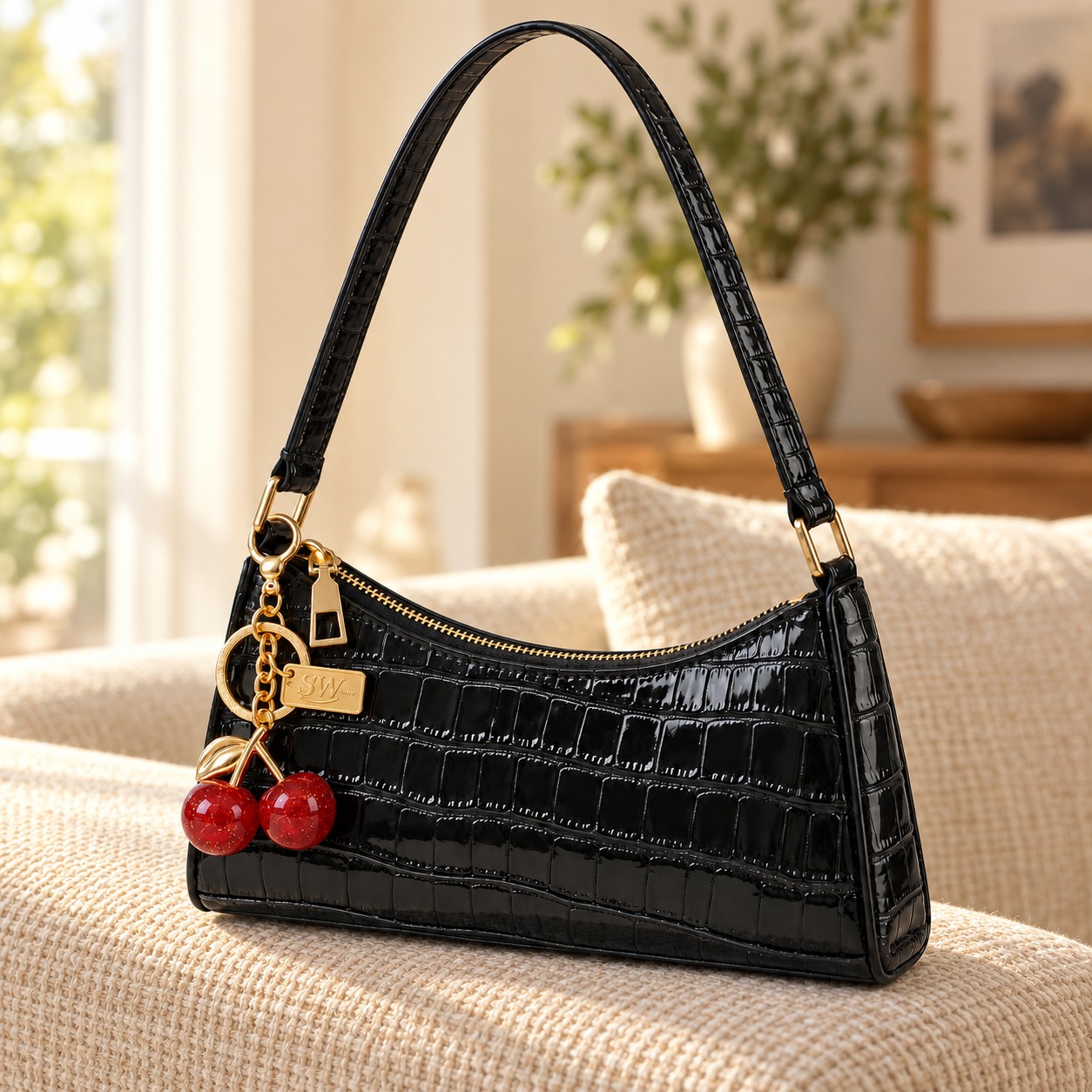 TEMU Women's Black Shoulder Bag With Charm, Glossy Crocodile-pattern Handbag With Gold-tone Hardware And Zip Closure, Slim Shoulder Strap And Curved