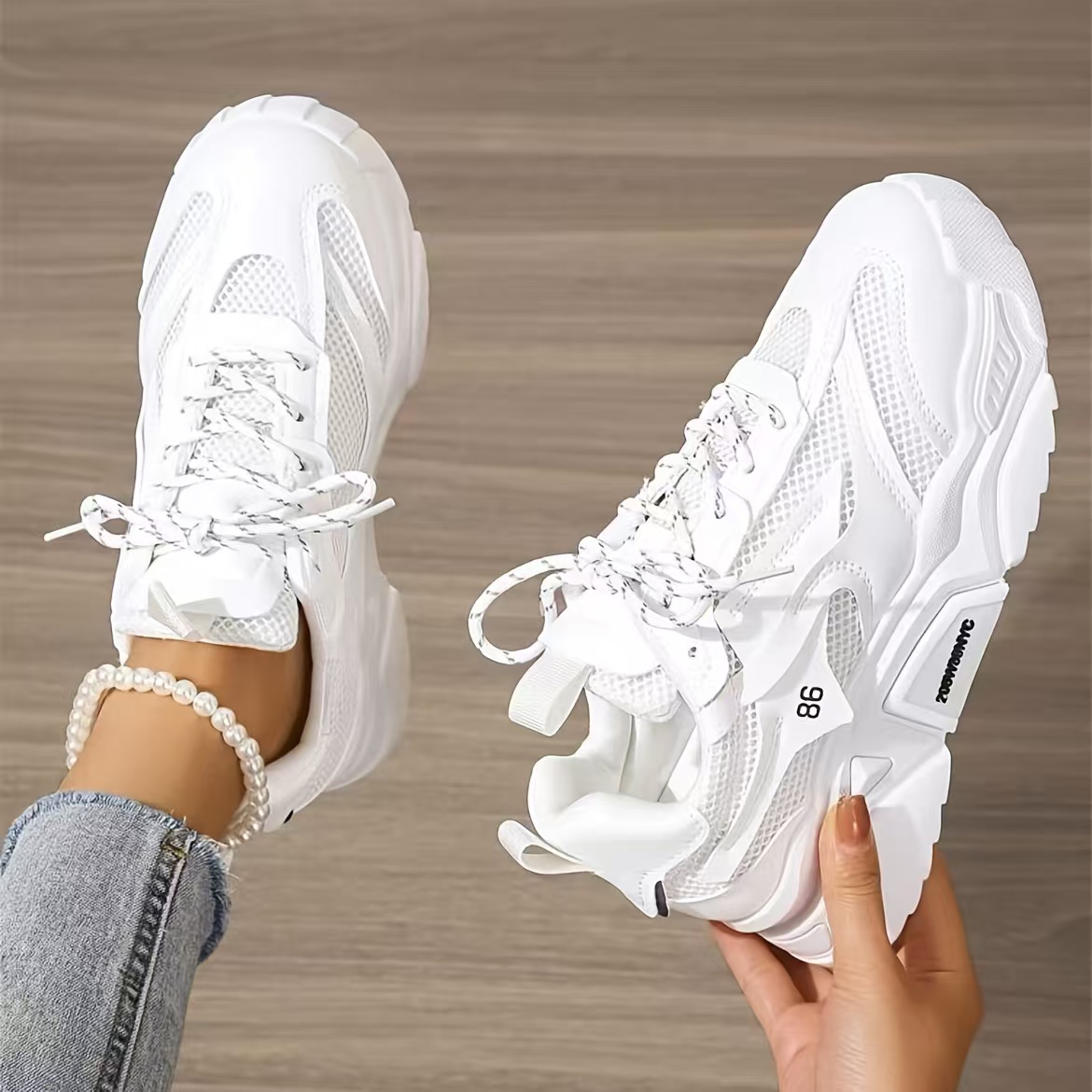 Women's Breathable Mesh Sneakers - Lightweight Low-cut Round Toe Lace-up Sneakers With Cushioning Sole & Upper, Minimalist White Suitable For Gym,, Casual Attire, - Casual Sports Footwear, Women Shoes