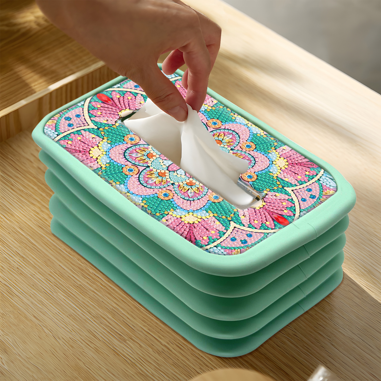 1pc handmade diamond painting tissue box holder floral diy craft with   mint green background decorative tissue organizer for living room housewarming wedding birthday gift   assembly tools   decor centerpiece mosaic effect decorative storage item Product details 0