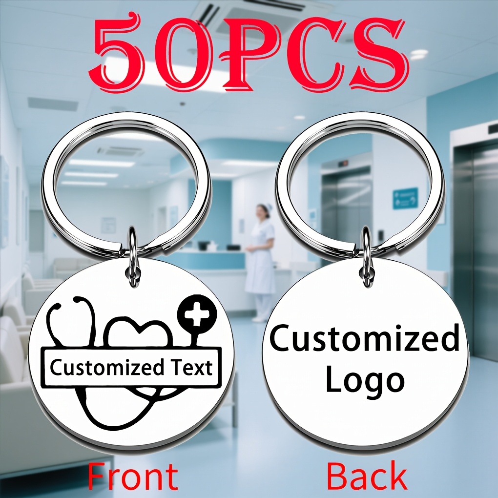 TEMU 50pcs Personalized Engraved Keychains With Logo/text, Hospital Name& Contact , Stainless Steel Material, Ideal Gift For Doctors& Nurses,