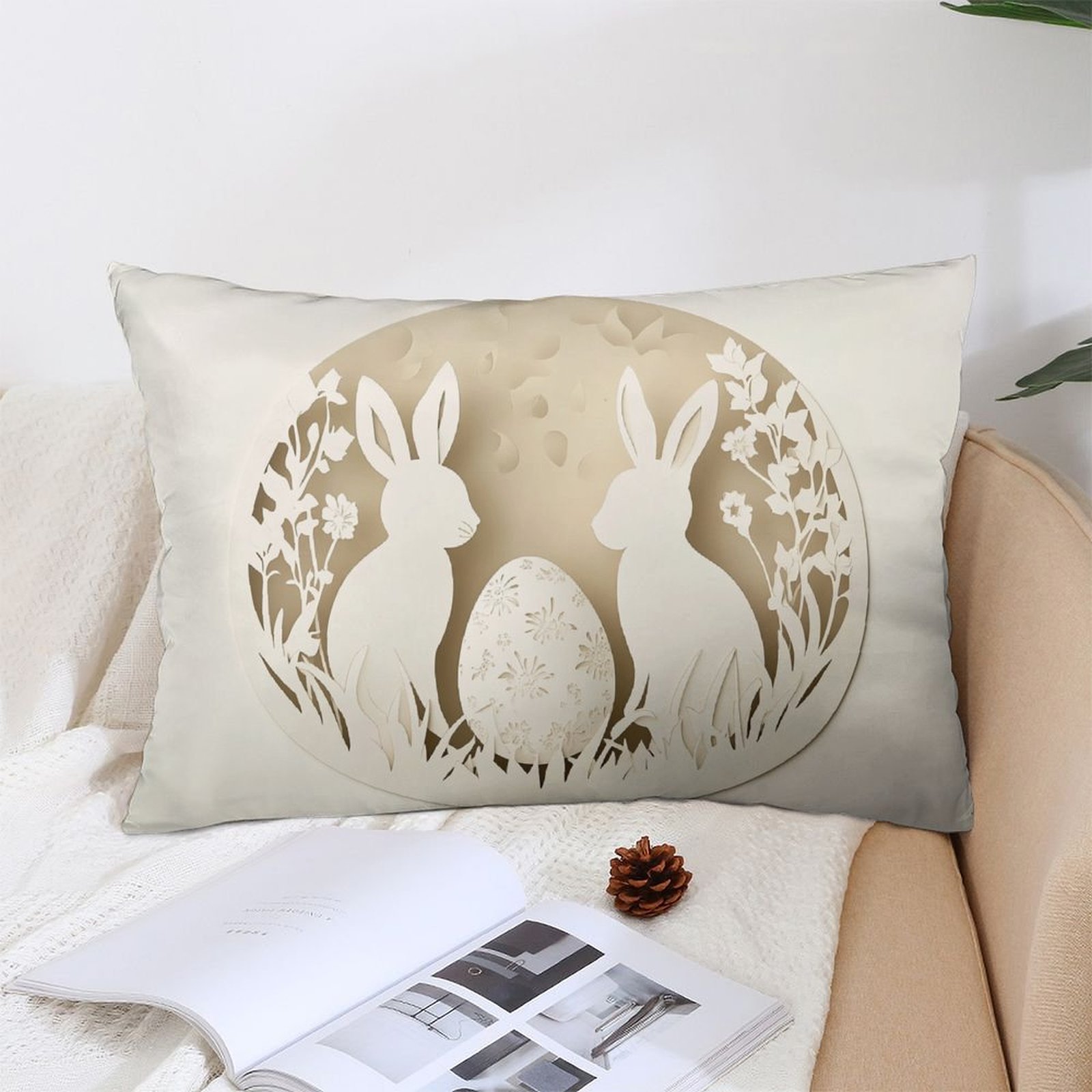 

1pc Easter Bunny Plush Throw Pillow Cover, 12x20 Inch, Style Polyester Decorative Cushion Case With Zipper, Machine Washable, Woven Printed Pillowcase For Sofa And Bedroom, Decor