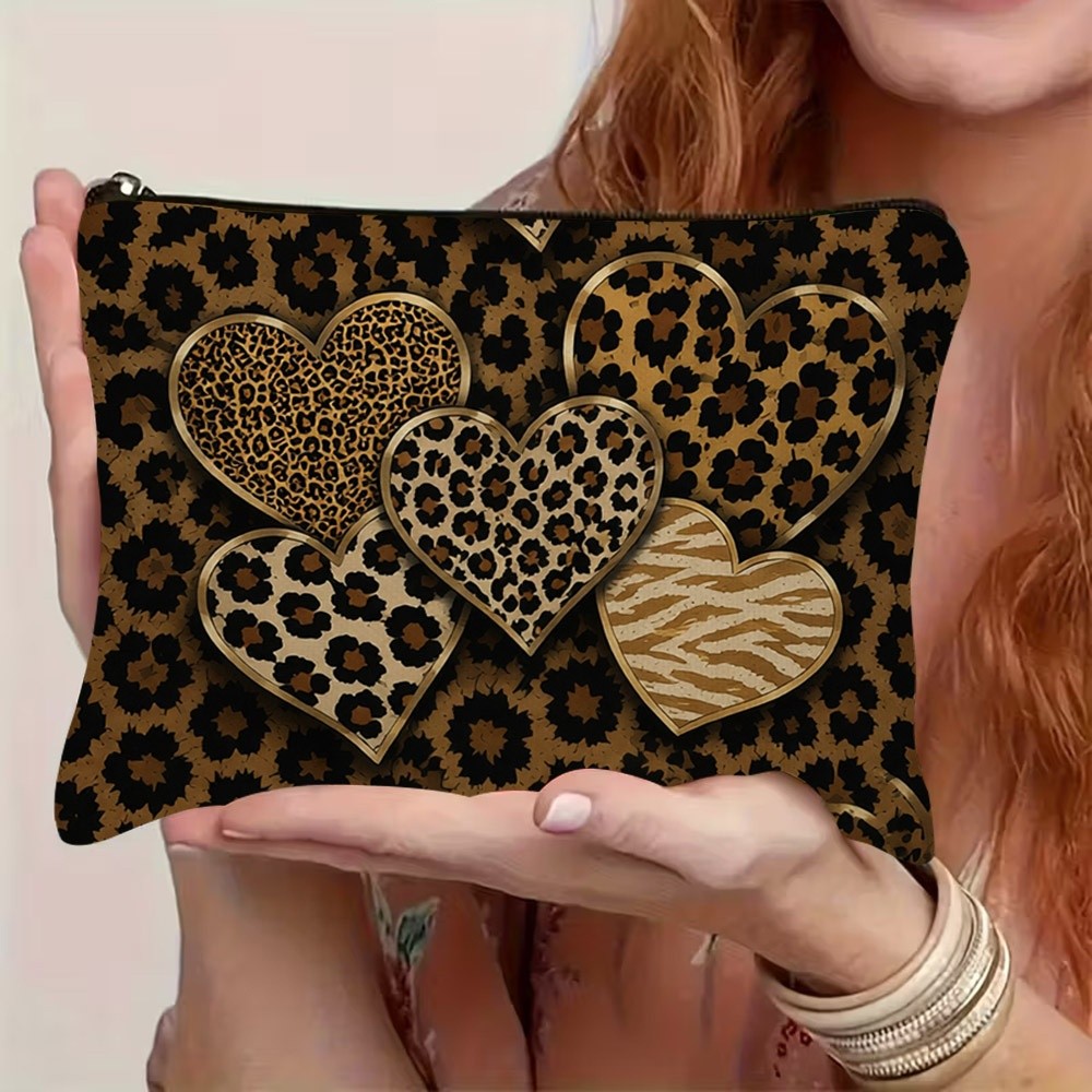 TEMU 1 pièce Trousse à maquillage 2D plate avec fermeture éclair, imprimé cœur élégant à motif animal léopard et zèbre, pochette portable légère et