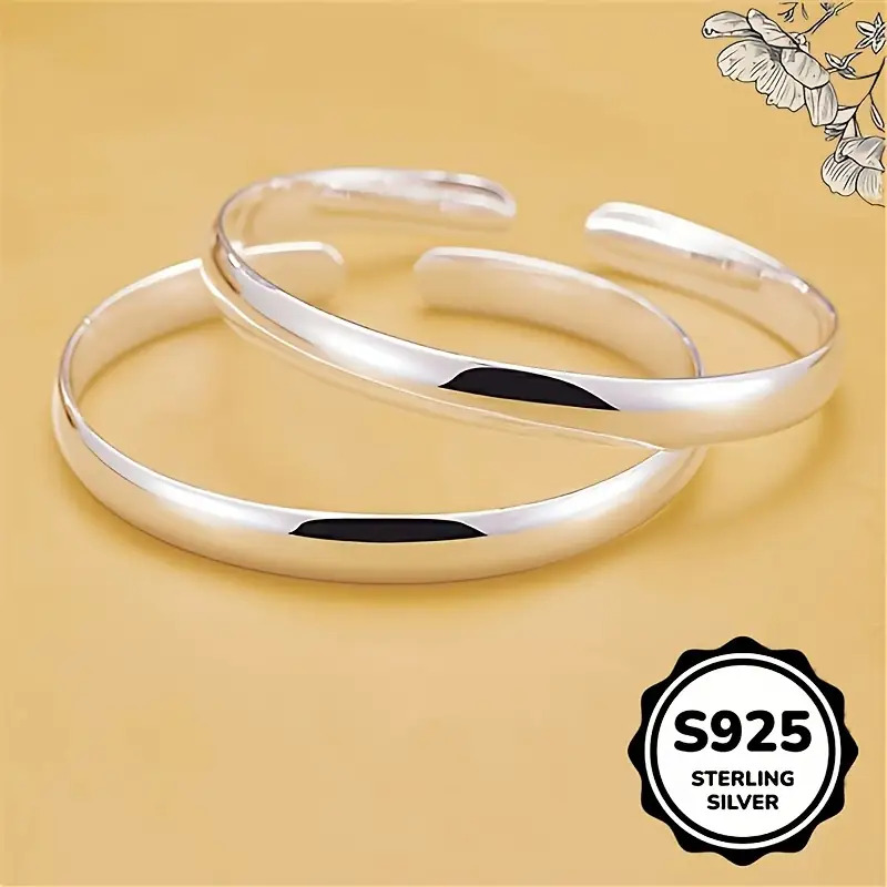 TEMU A Set Of 2pcs 925 Sterling Silver Open Bangle Bracelets With A Hypoallergenic Design. Easy Yet Elegant, Suitable For Pairing With Clothing - An