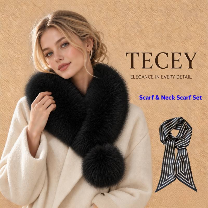 TEMU 2pcs = 1 foulard rond faux et 1 cravate à carreaux noire et blanche. Marque: TECEY. Foulard épais et d'automne et d'hiver pour femmes, renard,