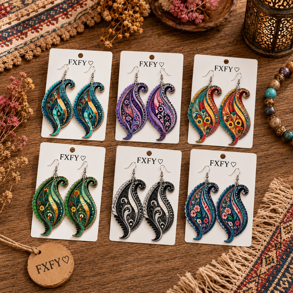 TEMU 12pcs/6 Sets Women's Acrylic Earring Sets, Bohemian Western Style, Vintage Ethnic Geometric Patterns And Colorful Leaf Designs, Suitable As