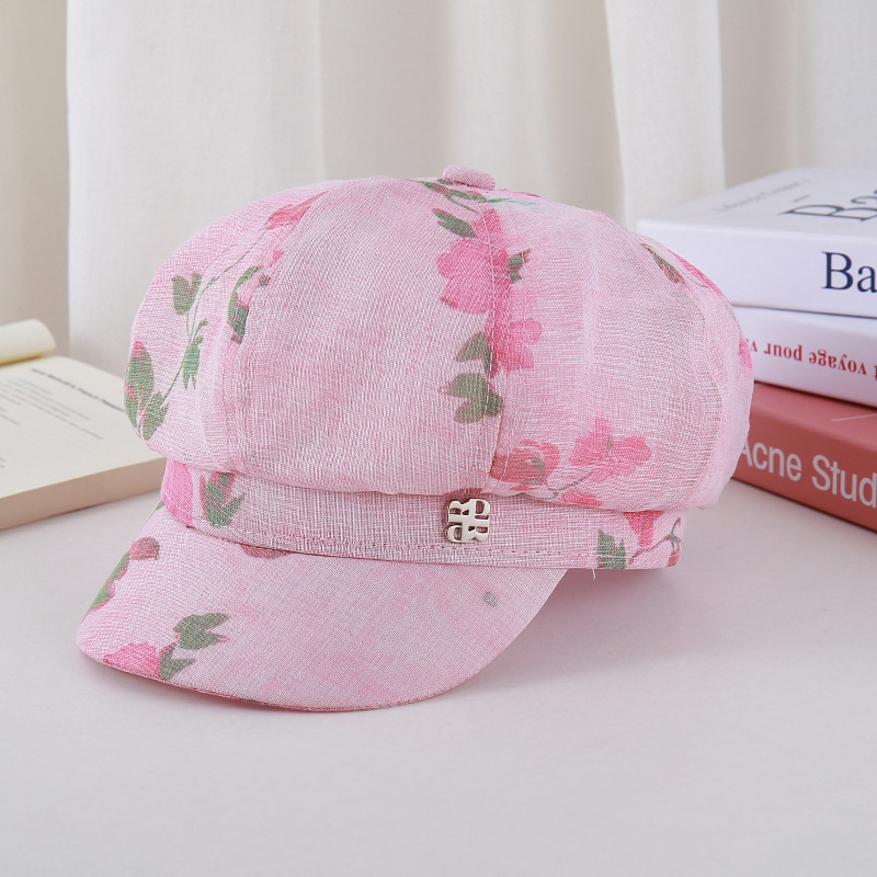 Boho Flower Pattern Beret Cap With Brim - Adjustable Casual Hat For Ladies