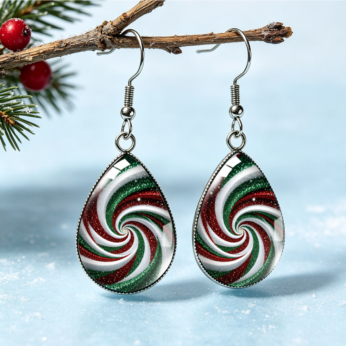 TEMU Pair Of Pendant Stainless Steel Earrings, Red Green White Spiral Candy Pattern, Christmas Holiday Ear Accessories, Unisex
