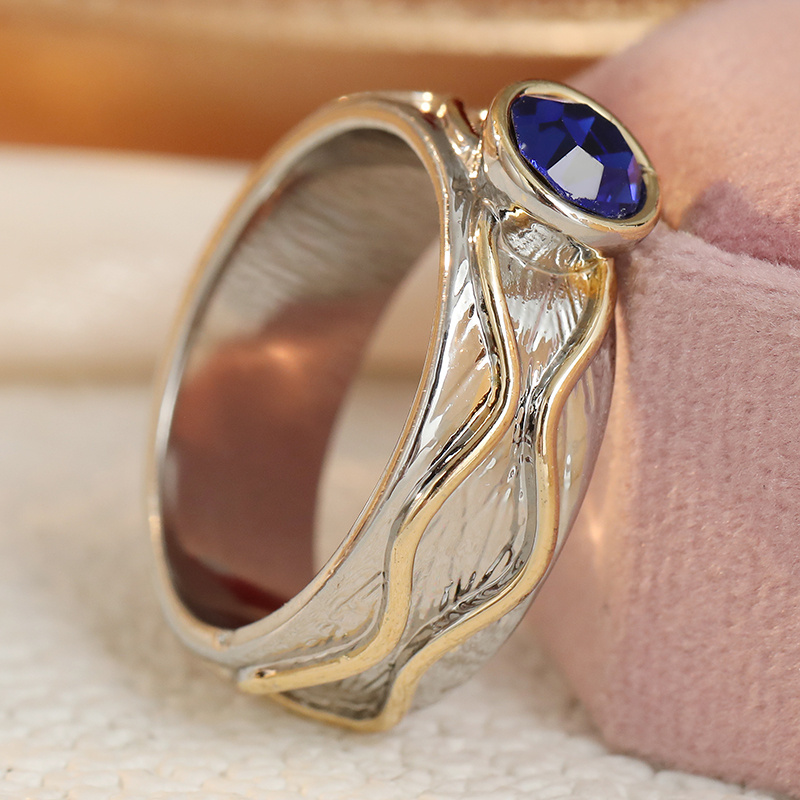 Women's Two-Tone Wavy Textured Ring Set with Blue Zirconia