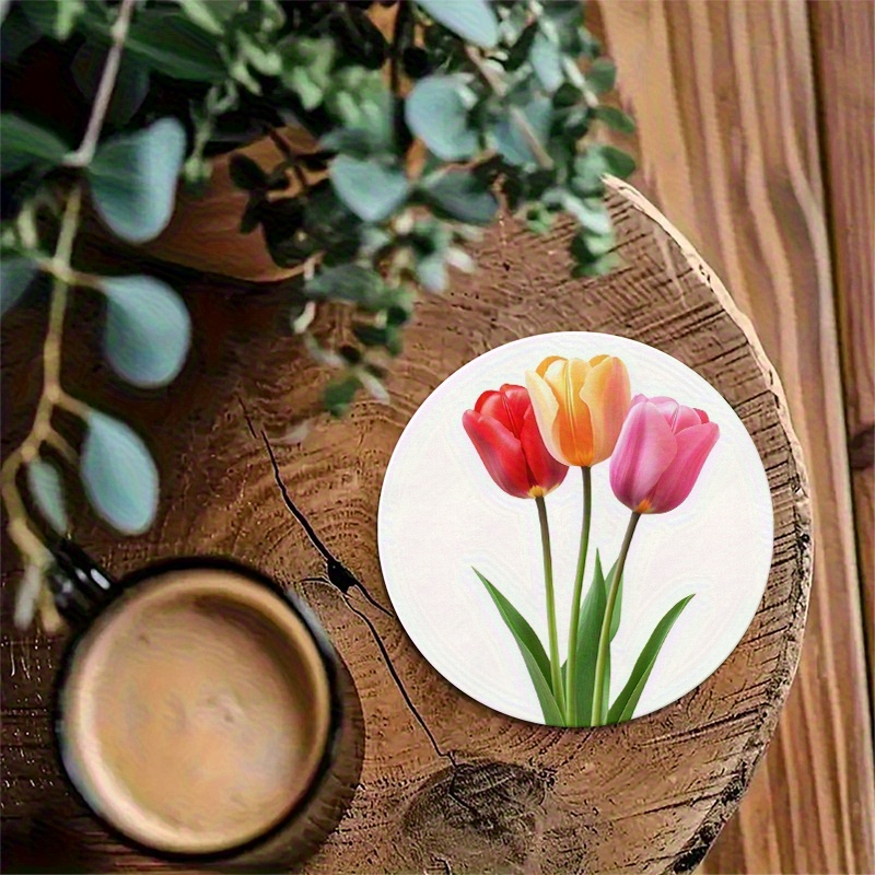 TEMU Cadeaus Geschikt voor 4 Seizoenen 2D Platte Bedrukking Zes-Kleurige Tulp Bloem Houten Onderzetters Geschikt voor Alle Seizoenen - Rond Lente