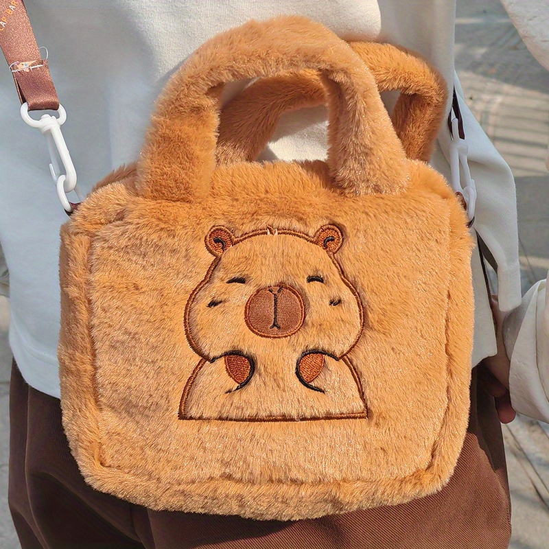 Image of [women's Shoulder Bag] Soft Fufu Capybara Plush Handbag Crossbody Bag, Cute Cartoon Capybara Embroidered Small Square Bag, Daily Versatile Small Bag, Can Hold Phone
