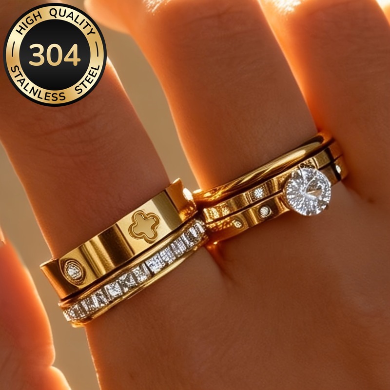 TEMU 5pcs/set Ring Set 304 Stainless Steel 6 Claw Inlay Round Synthetic Zirconia Multi Stackable Rings For Women Daily Casual Party Simple Exquisite