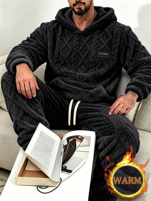 item picture mens autumn winter casual fashion jacquard fabric long sleeve hooded sweatshirt set with pockets and brand label suitable for daily pajamas and party wear
