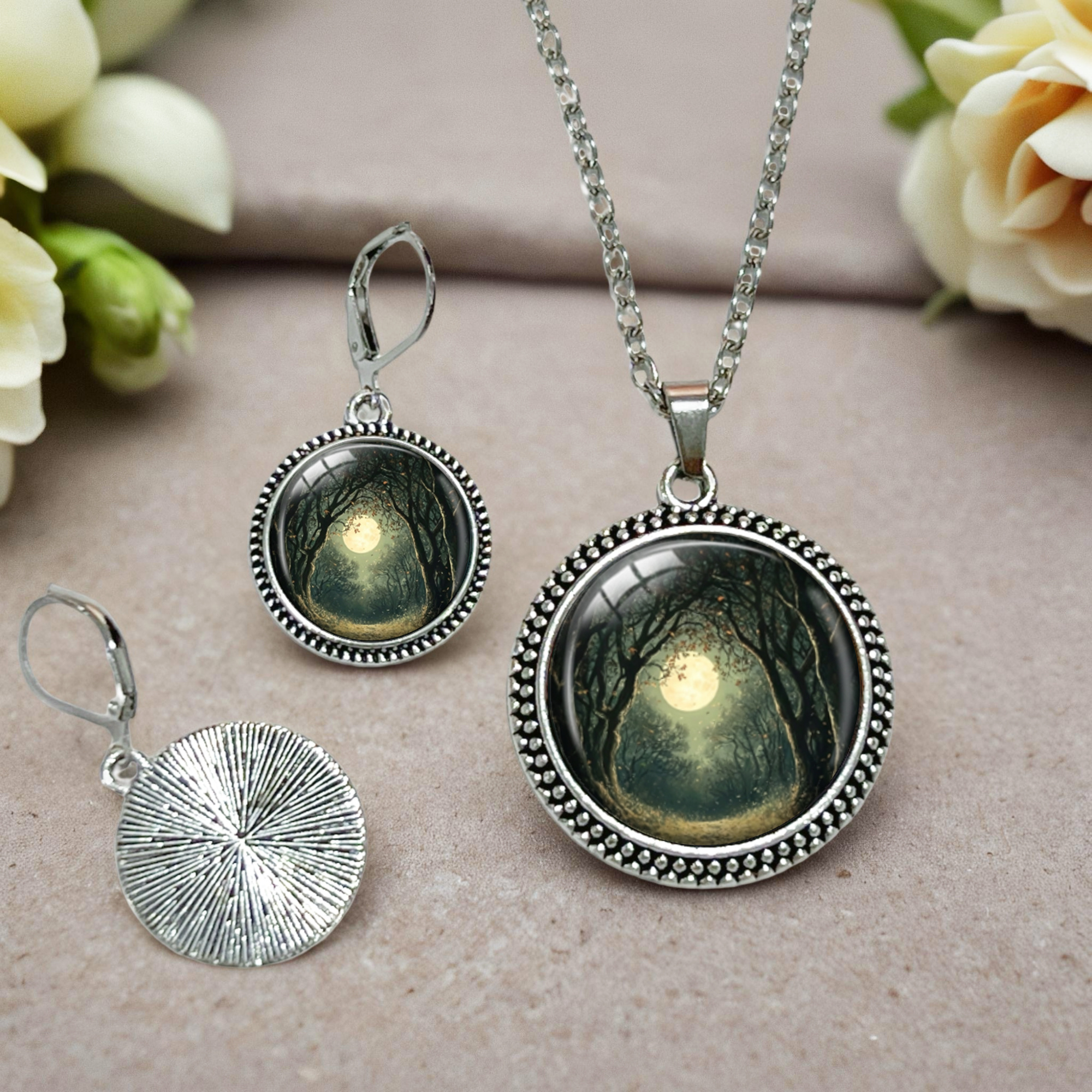3pc Gothic Bohemian Black Moon Forest Necklace & Earrings Set